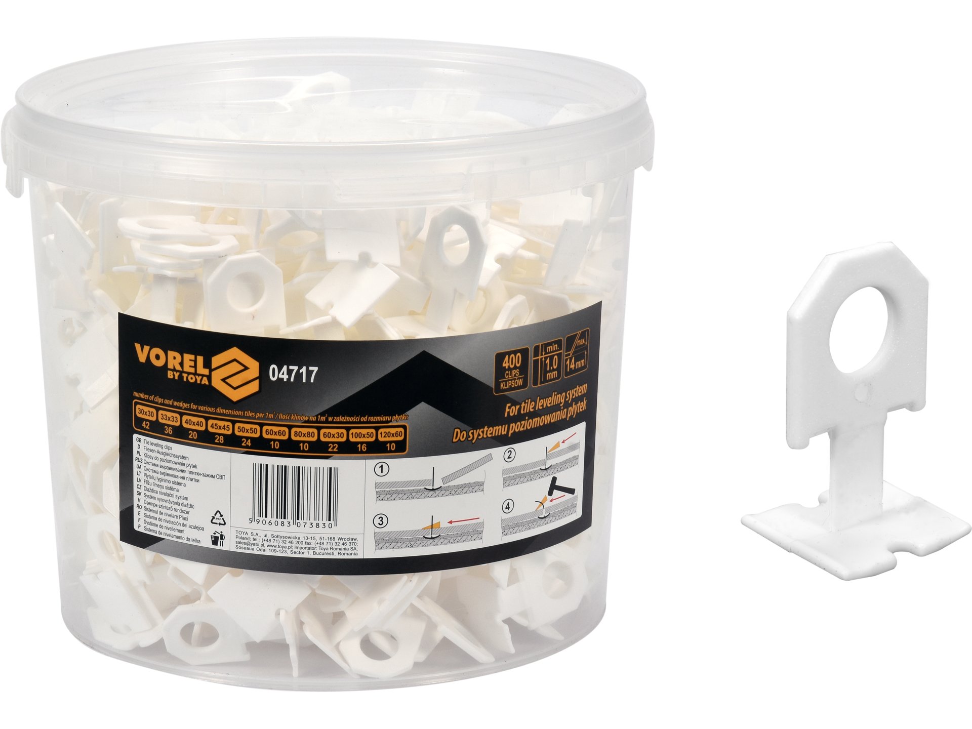 Klipsy do poziomowania płytek VOREL zestaw 400 szt. zaciski uniwersalne 04717