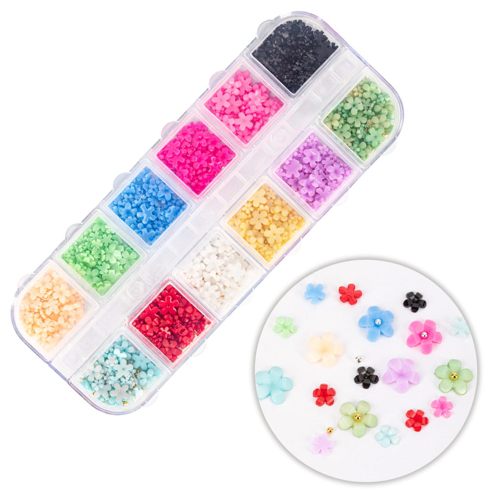 Kasetka z ozdobami akrylowe kwiatki Molly Nails mix kolorów Nr 1 ok. 300 sztuk