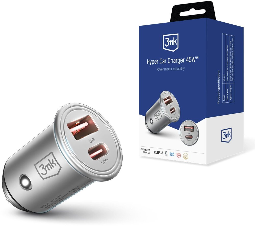3mk Hyper Car Charger 45W ładowarka samochodowa PD/QC USB-C/USB-A, srebrny