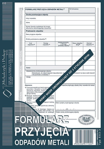 Formularz przyjęcia odpadów metali MiP E03-3, A5, samokopiujący, 80k