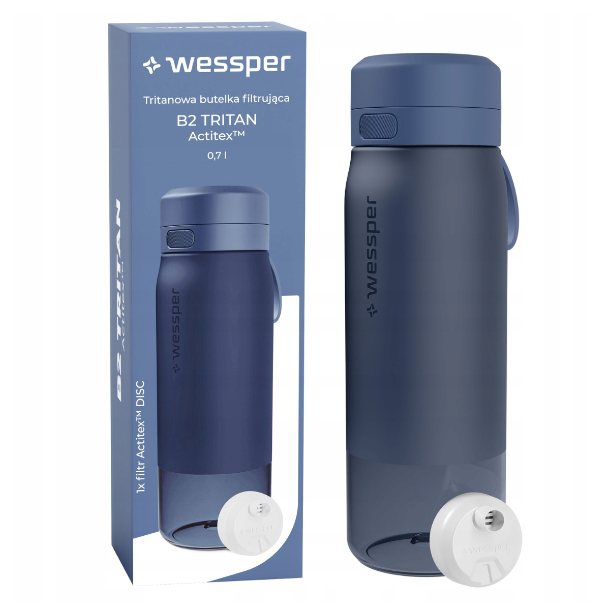 Tritanowa butelka filtrująca niebieska 700 ml.