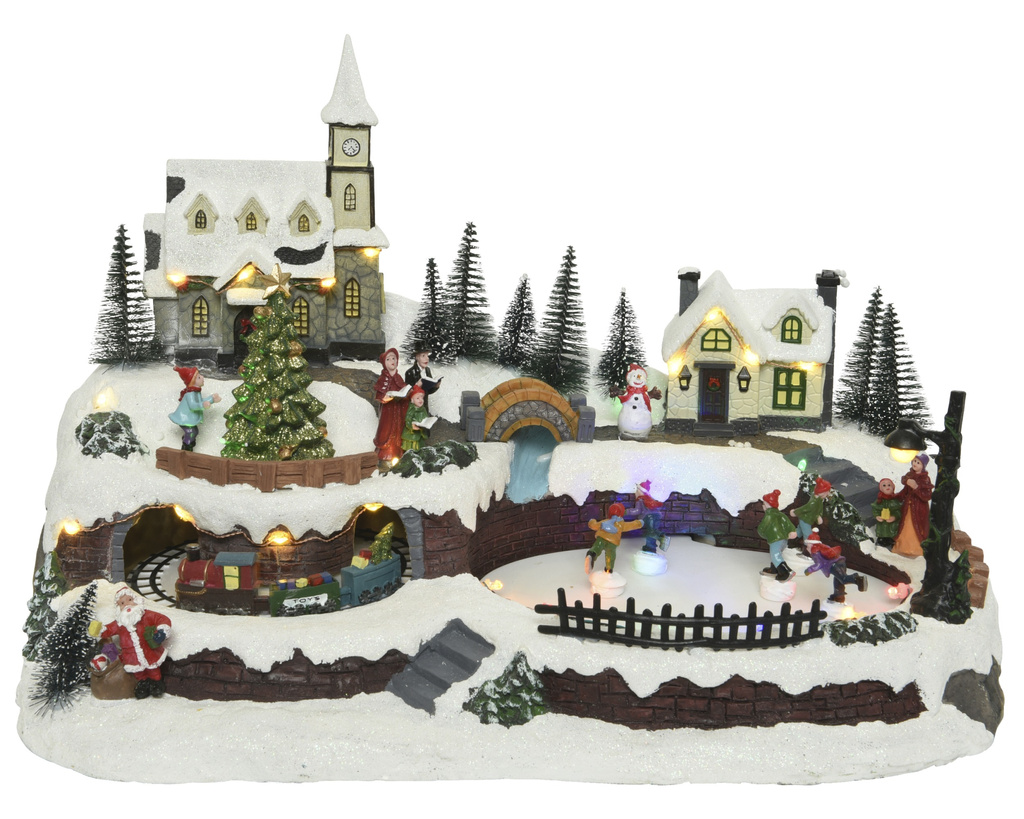 Scenka LED Kościół, pociąg, lodowisko, choinka z muzyką 25,5x 41x 25,5 cm