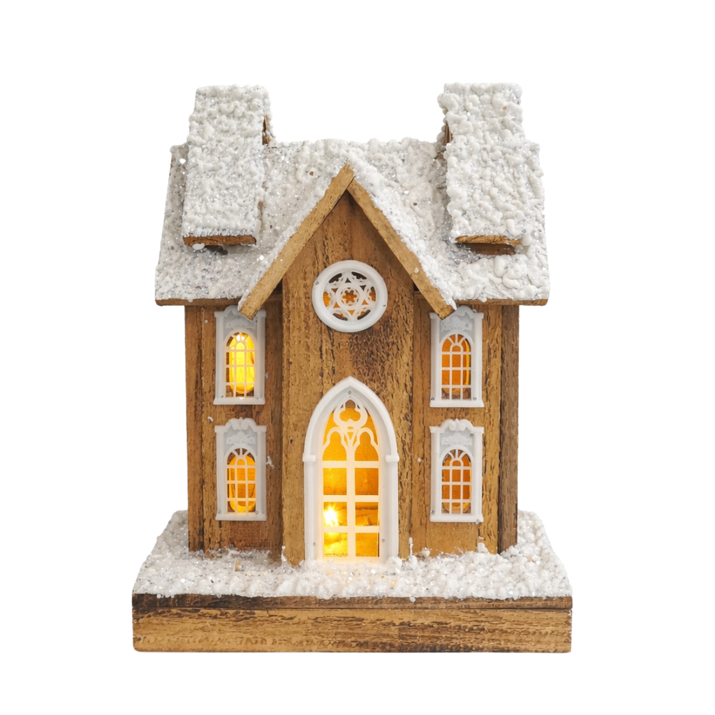 Domek drewniany LED brązowy, ośnieżony dach 24x13x33 cm