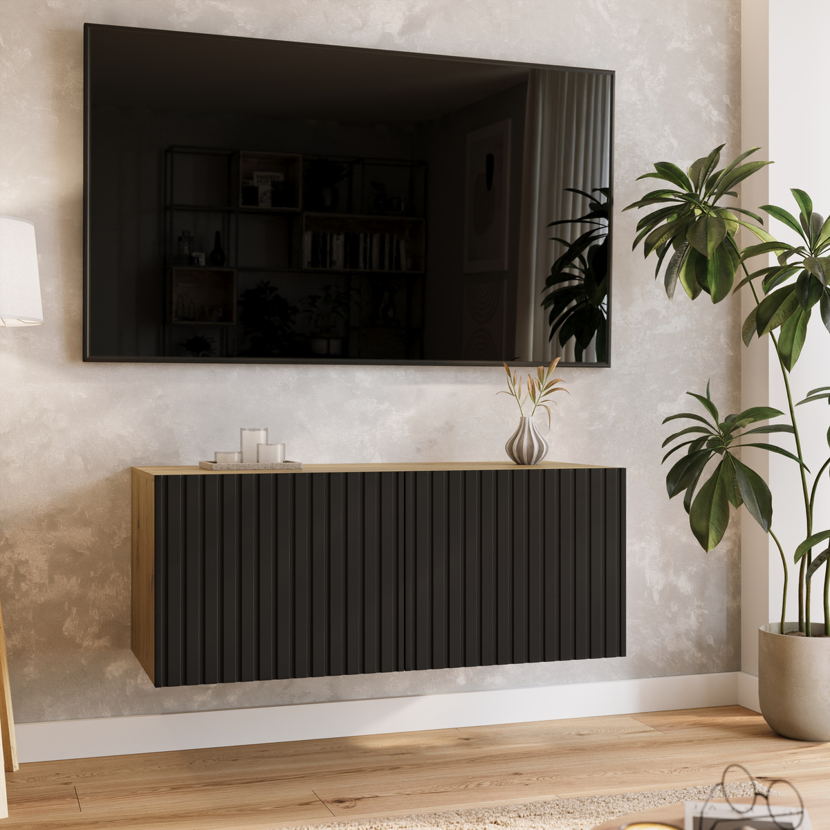 Szafka pod TV 100 cm wisząca do salonu LORI ryflowana z półkami