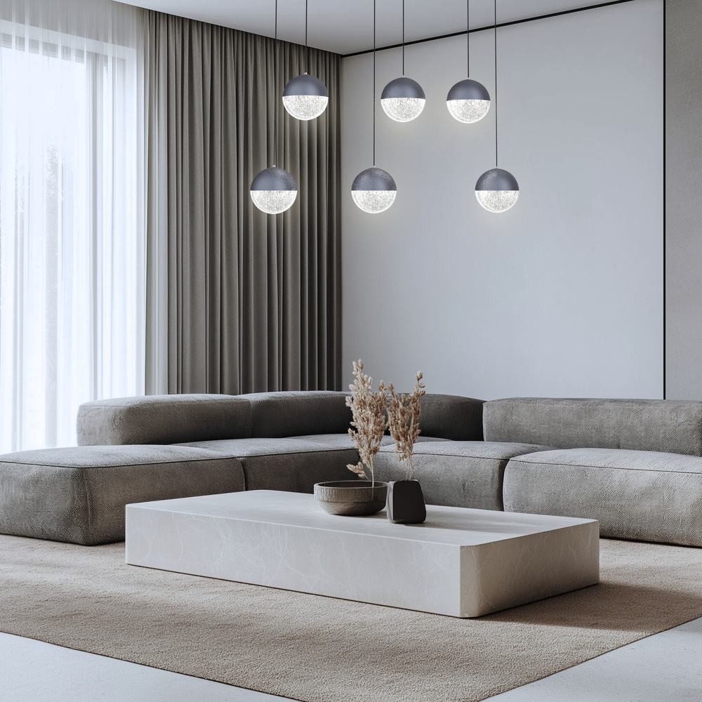 Szara lampa wisząca LED z kulistymi kloszami do salonu FURNI metal-szkło