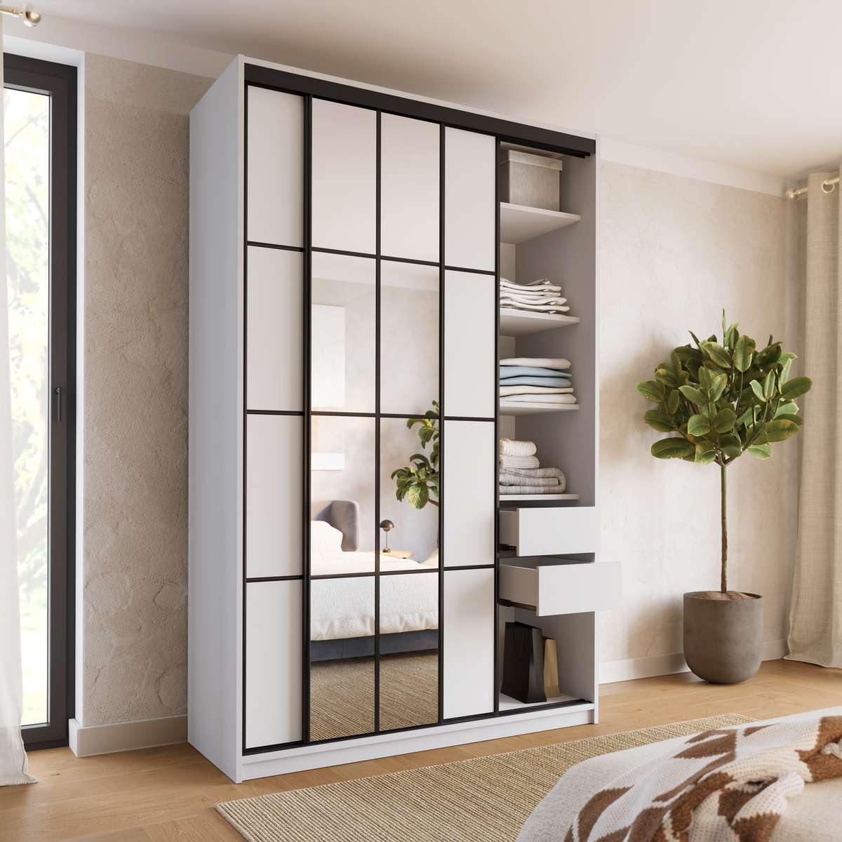 Biała szafa przesuwna z lustrem i drążkami 150 cm EDGE MAX