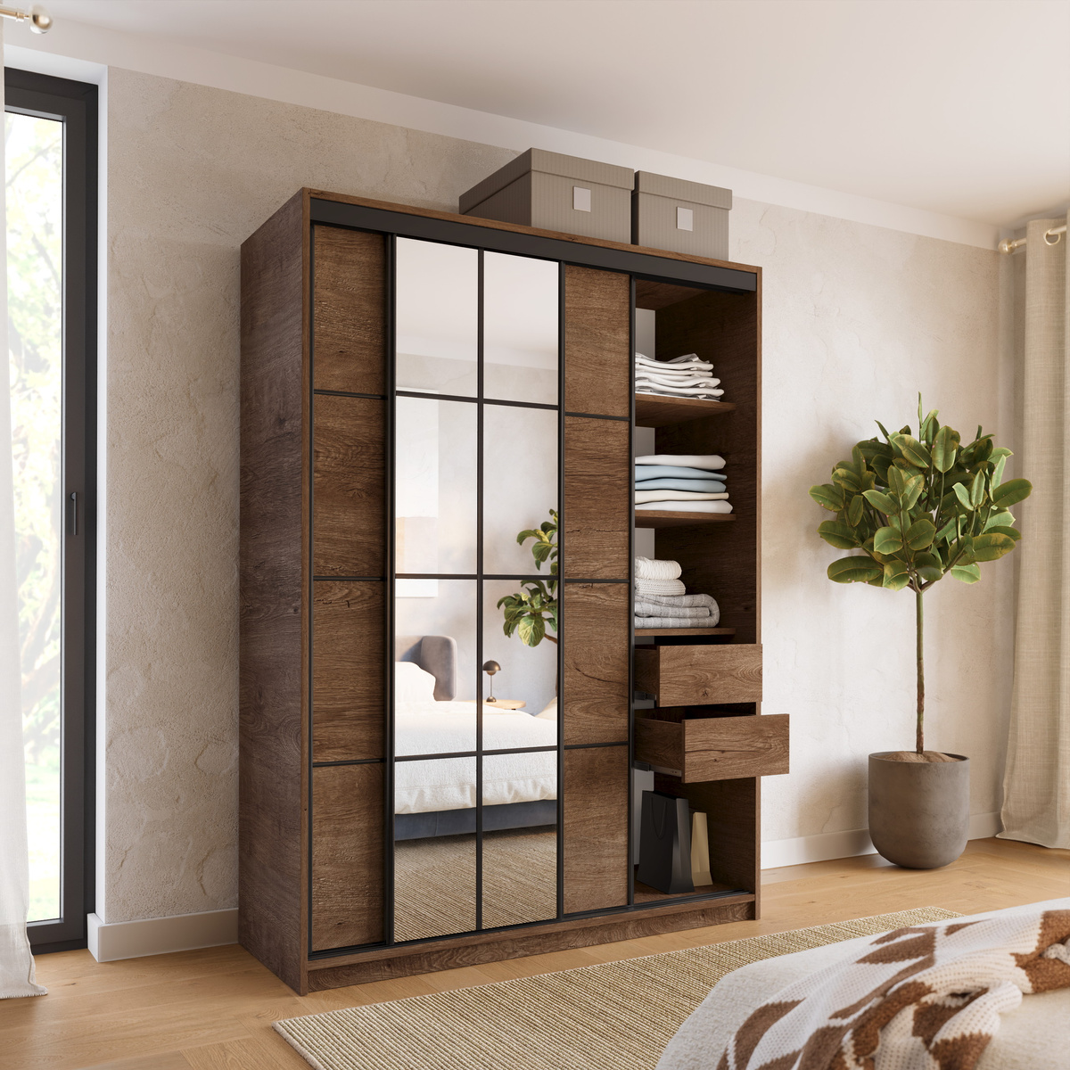 Szafa przesuwna 150 cm do sypialni z lustrem i półkami EDGE