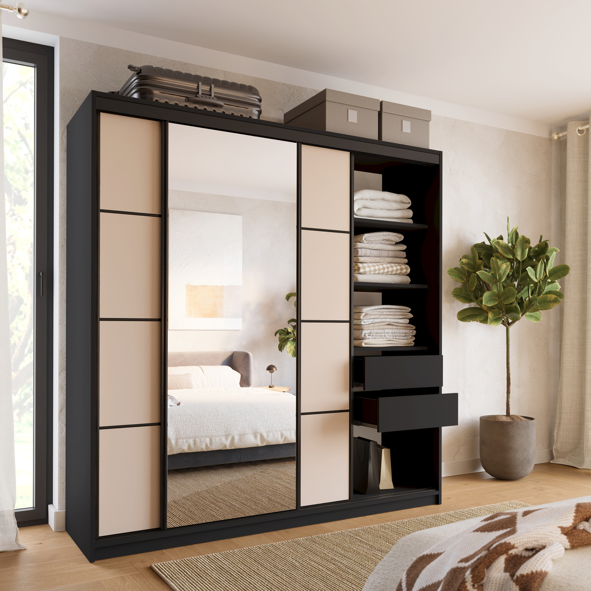 Duża szafa przesuwna z lustrem do przedpokoju 200 cm LOFT kaszmir