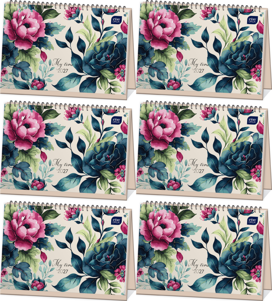 6x Kalendarz na biurko 2027, Interdruk, 30x21cm, tygodniowy, poziomy, kwiaty