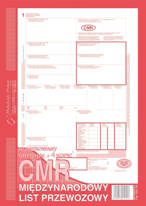 CMR Międzynarodowy list przewozowy MiP 800-2, A4, 4 kopie, 80k