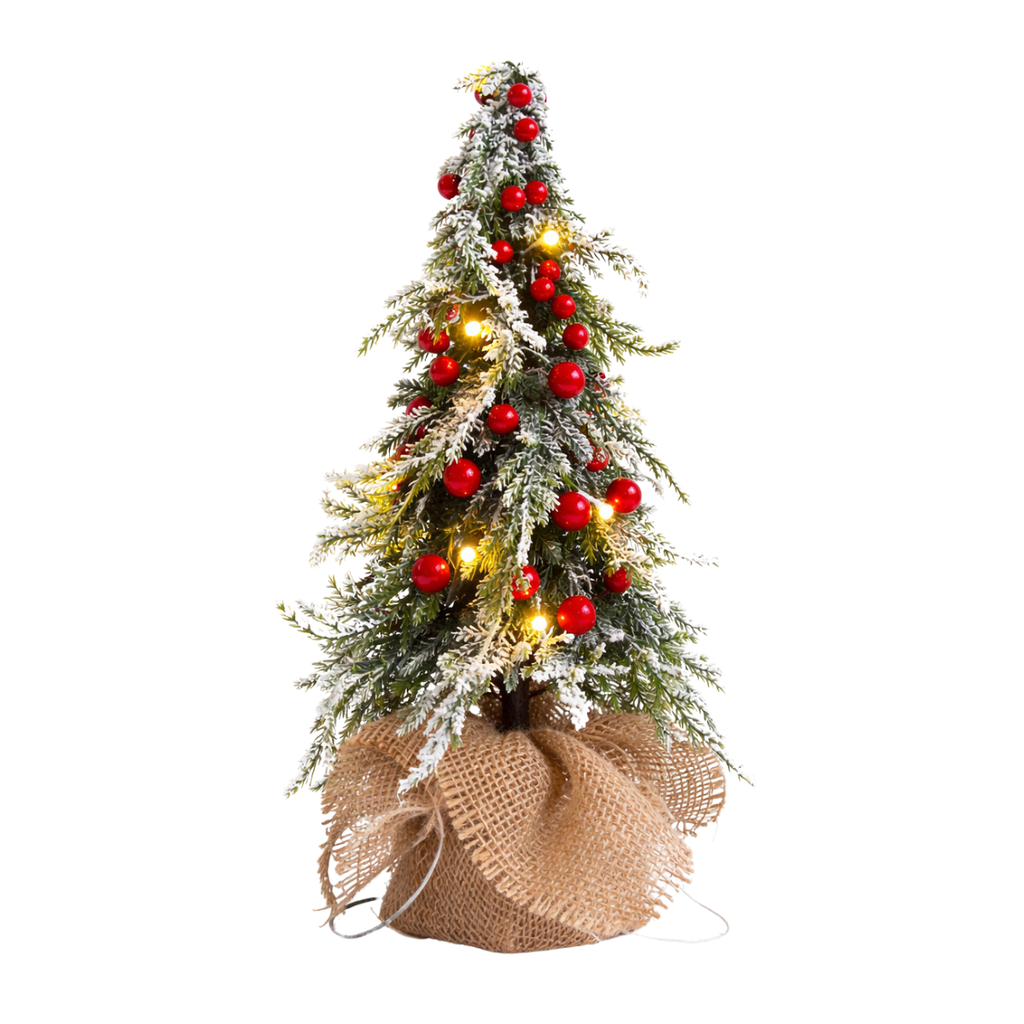 Choinka LED ośnieżona z czerwonymi kulkami i wstążkami w doniczce z jutą 38 cm
