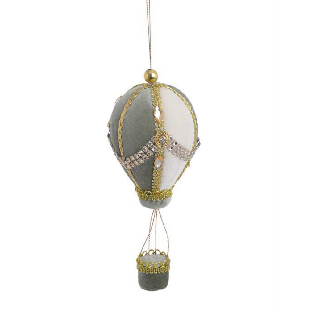 Zawieszka Balon aksamitny zielono-biały, złote ranty 18cm