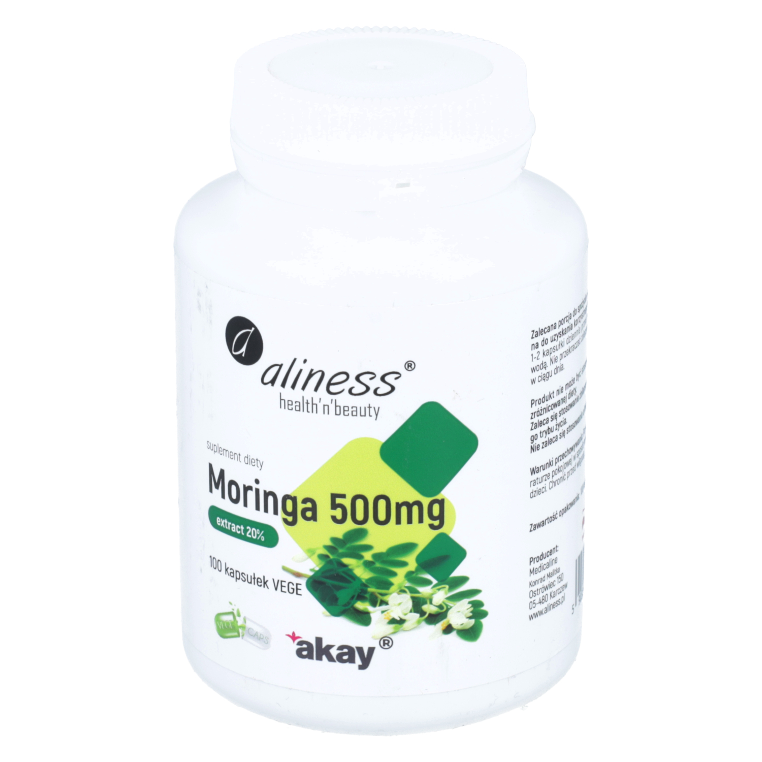 Aliness moringa ekstrakt 20%, 500 mg, 100 kapsułek