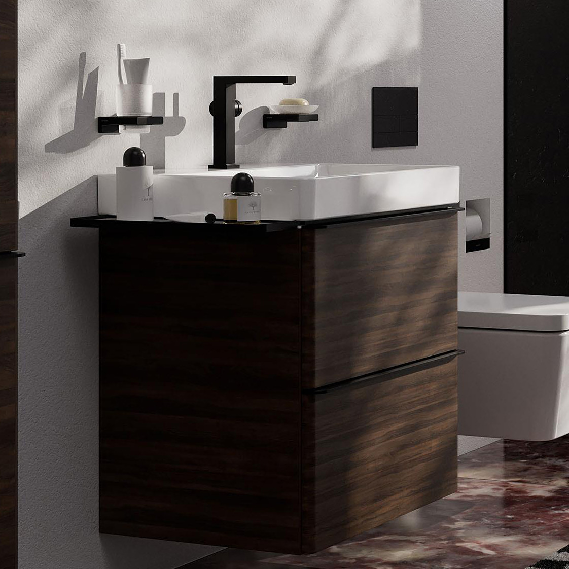 Hansgrohe Xelu Q szafka 58 cm podumywalkowa wisząca ciemny orzech/czarny mat 54026670
