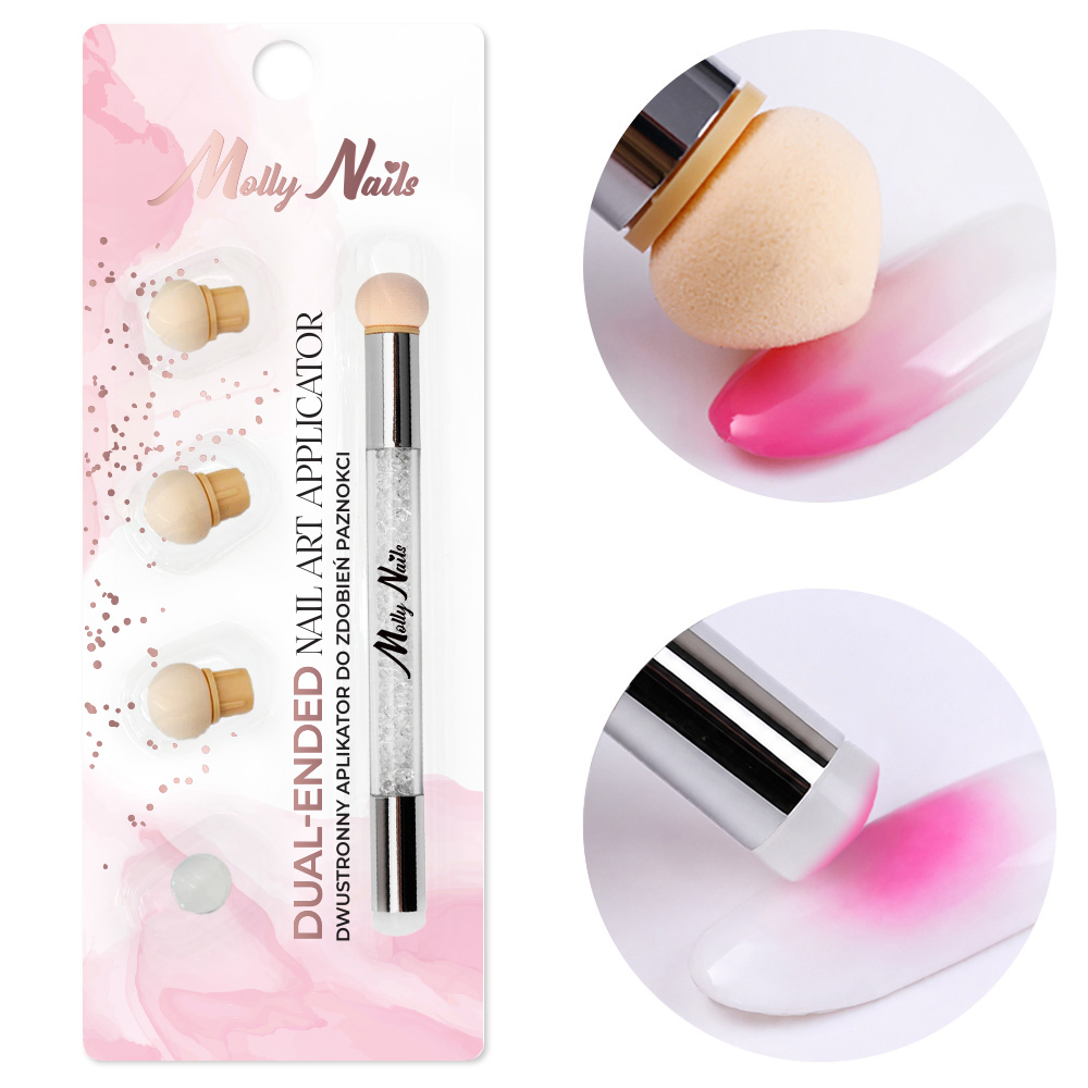 Dwustronny pędzel gąbka MollyNails do ombre i nail art stempel z cyrkoniami biały