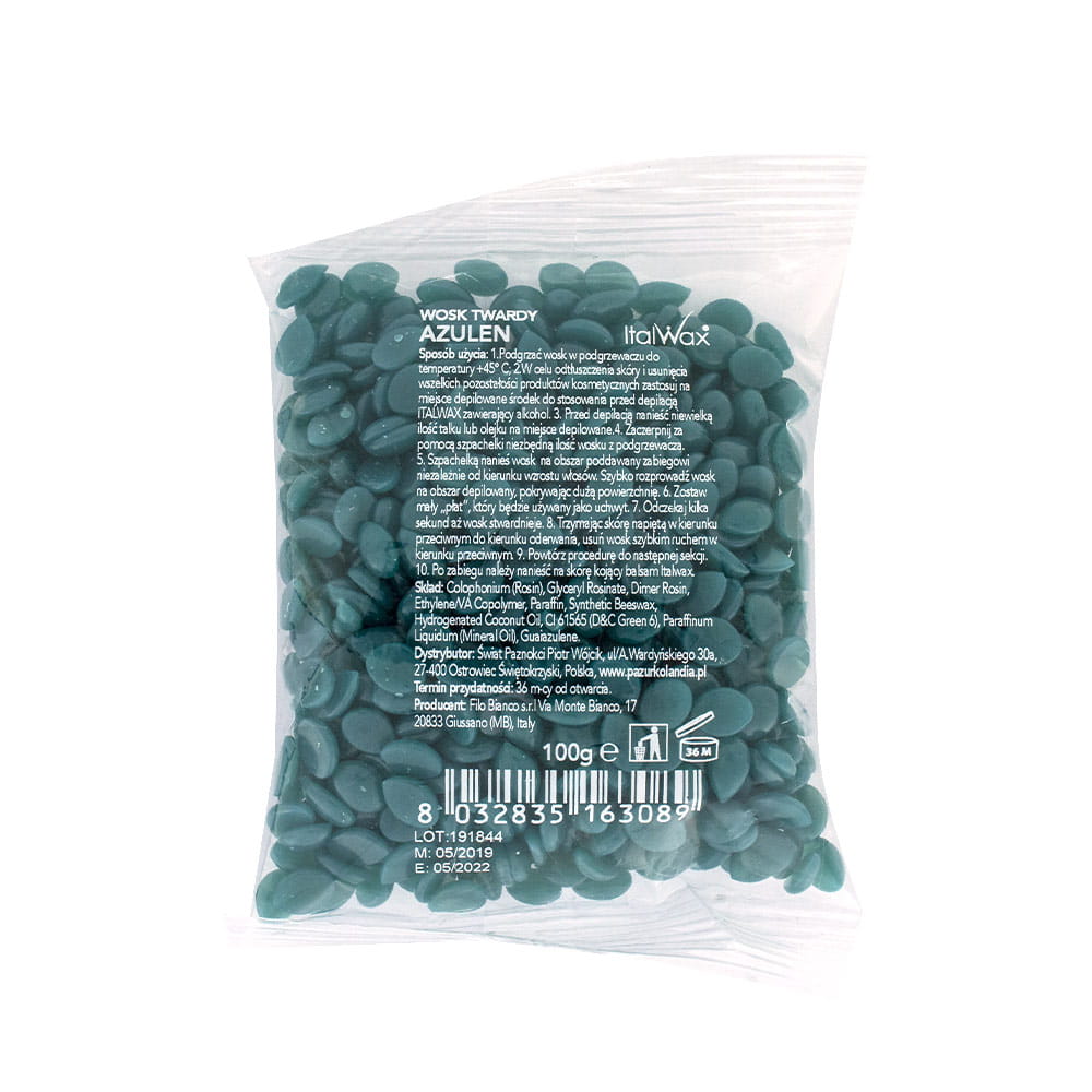 Wosk twardy w dropsach niskotemperaturowy do depilacji bezpaskowej ItalWax Azulen Film Wax 100 g