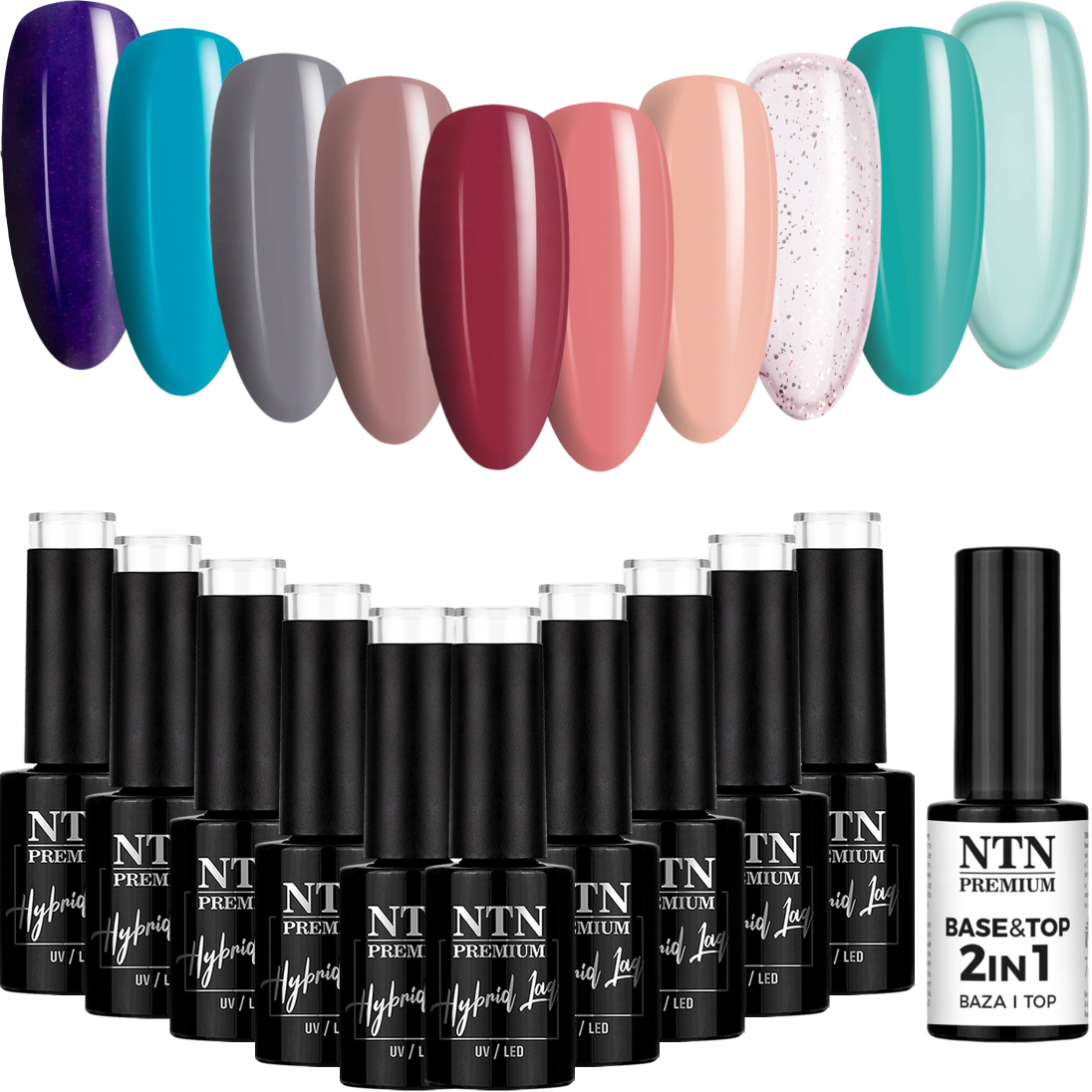 10x Lakier Hybrydowy NTN 5g Mix Kolorów v5 + Base&Top 2w1