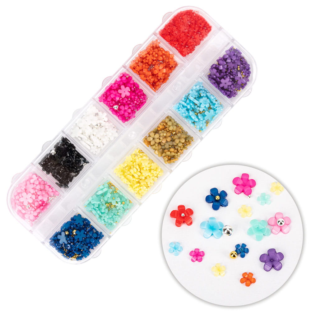 Kasetka z ozdobami akrylowe kwiatki Molly Nails mix kolorów Nr 2 ok. 300 sztuk