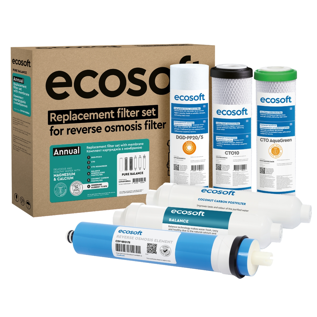 Ecosoft PURE Balance zestaw filtrów wymiennych z membraną. Zestaw na pełny serwis filtra PURE Balance Ecosoft CHV6PUREBAL.