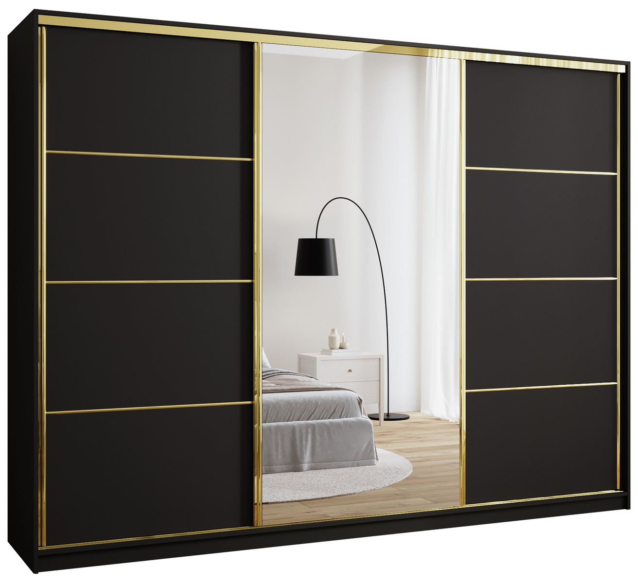Czarna trzydrzwiowa szafa przesuwna 280 cm do sypialni GOLD NEW