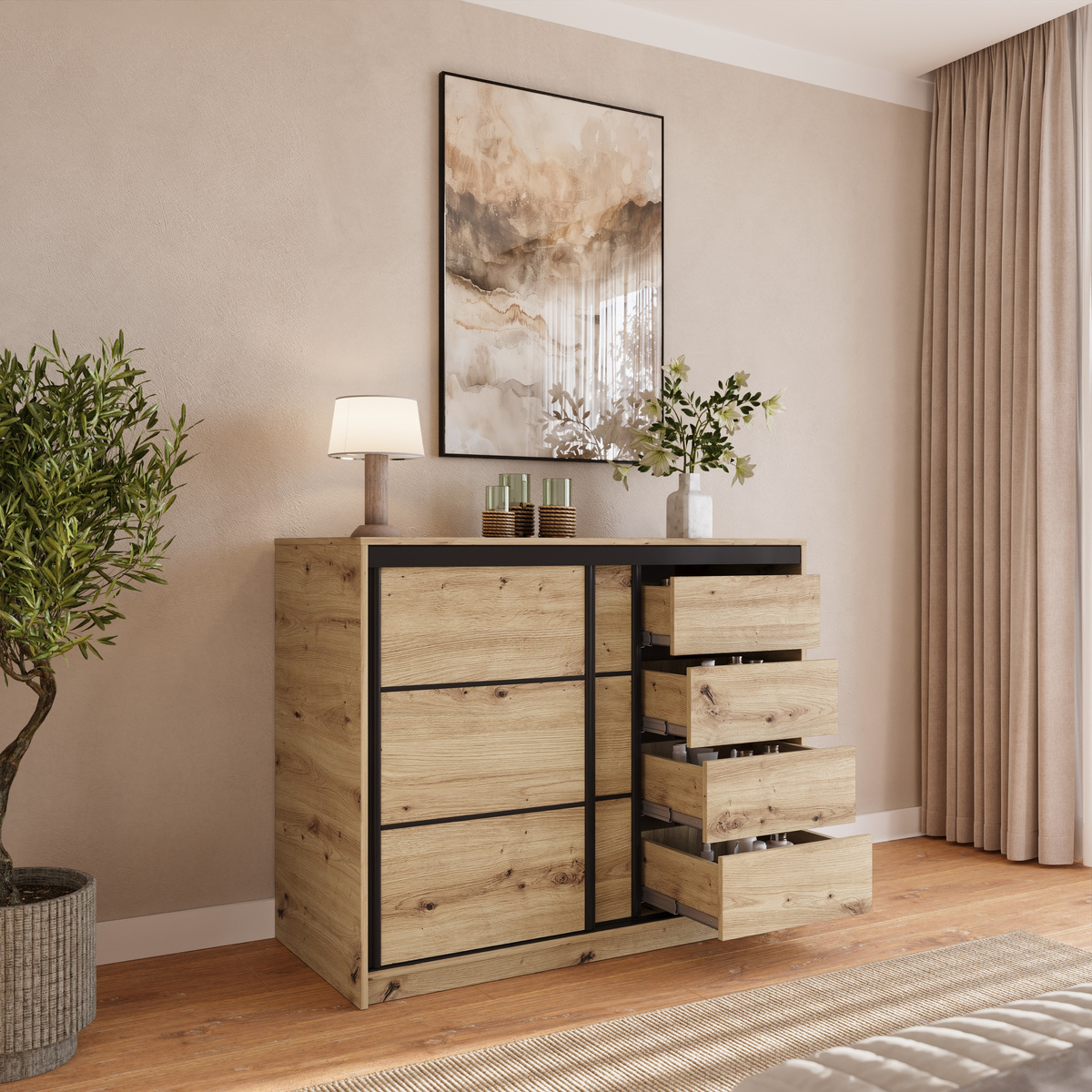 Dwudrzwiowa komoda przesuwna 120 cm z szufladami LOFT dąb artisan