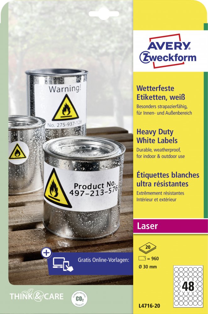 Avery Zweckform Heavy Duty etykiety poliestrowe okrągłe O30 mm, 20 ark., białe