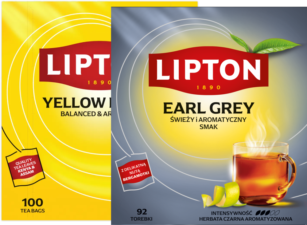 Zestaw: Herbata czarna w torebkach Lipton Yellow Label, 100 sztuk x 2g + Herbata Earl Grey w torebkach Lipton, 92 sztuki x 1.5g