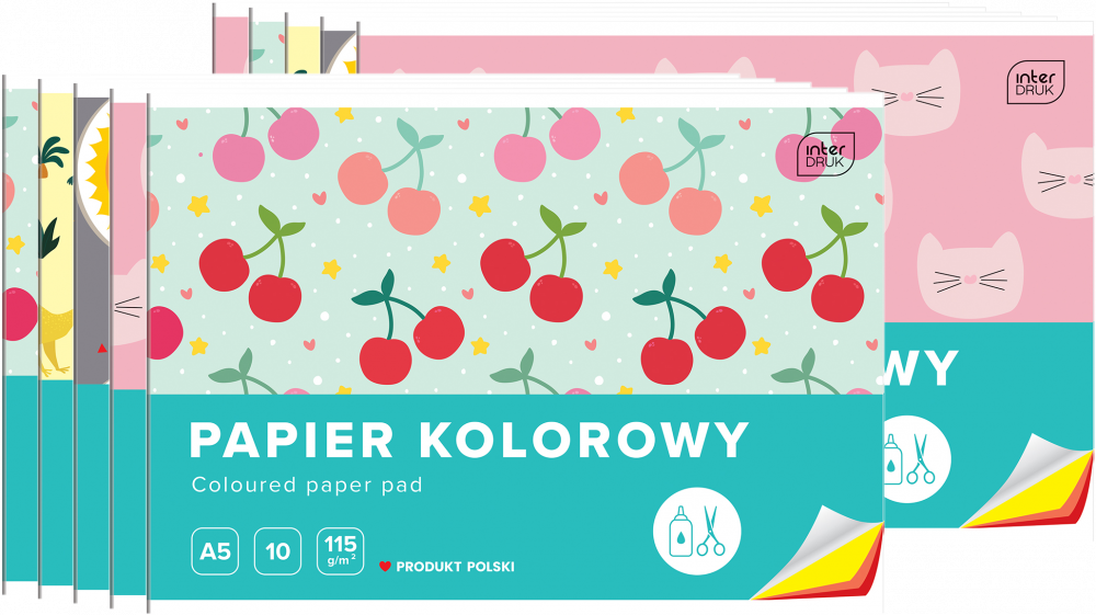 Interdruk zeszyt papierów kolorowych A5, 10 kartek, mix wzorów