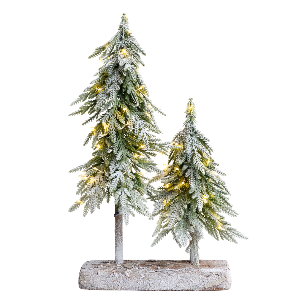 Choinki silikonowe z LED ośnieżone 2szt. na pieńku 40/30 cm