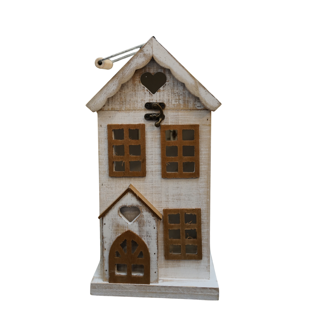 Domek drewniany biały przycierany brązowe okna 17x17x34cm