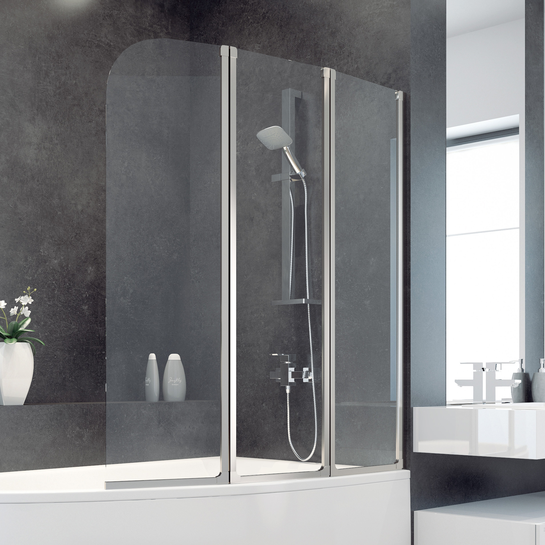 Besco Ambition 3 parawan nawannowy 123,5x139 cm trzyskrzydłowy szkło przezroczyste PA-3S