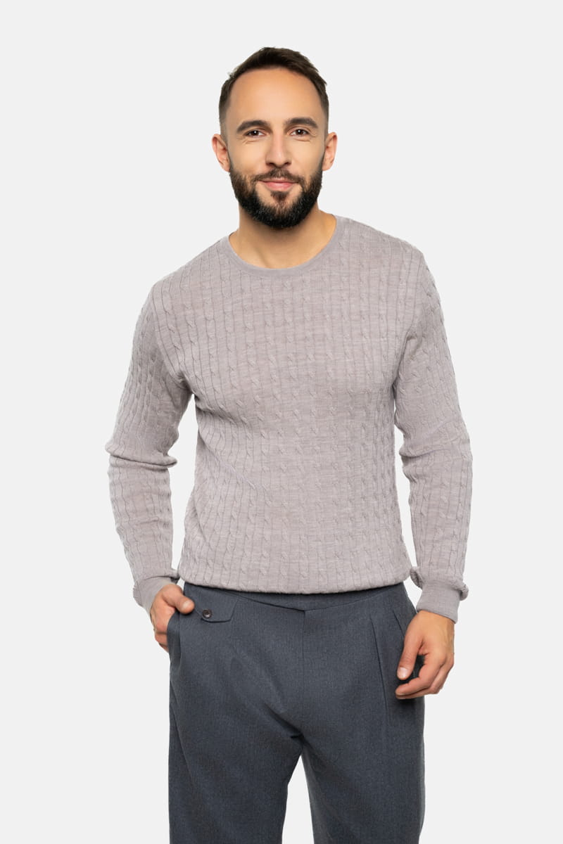 Sweter warkoczowy wełniany, beżowy