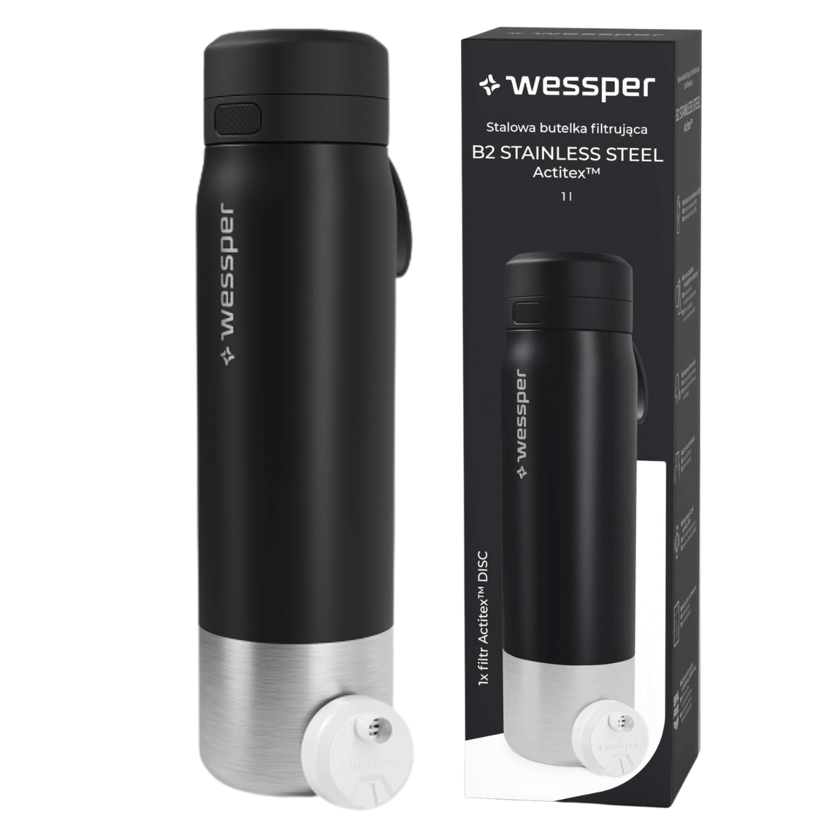 Wessper butelka stalowa z filtrem, czarna 1000 ml.