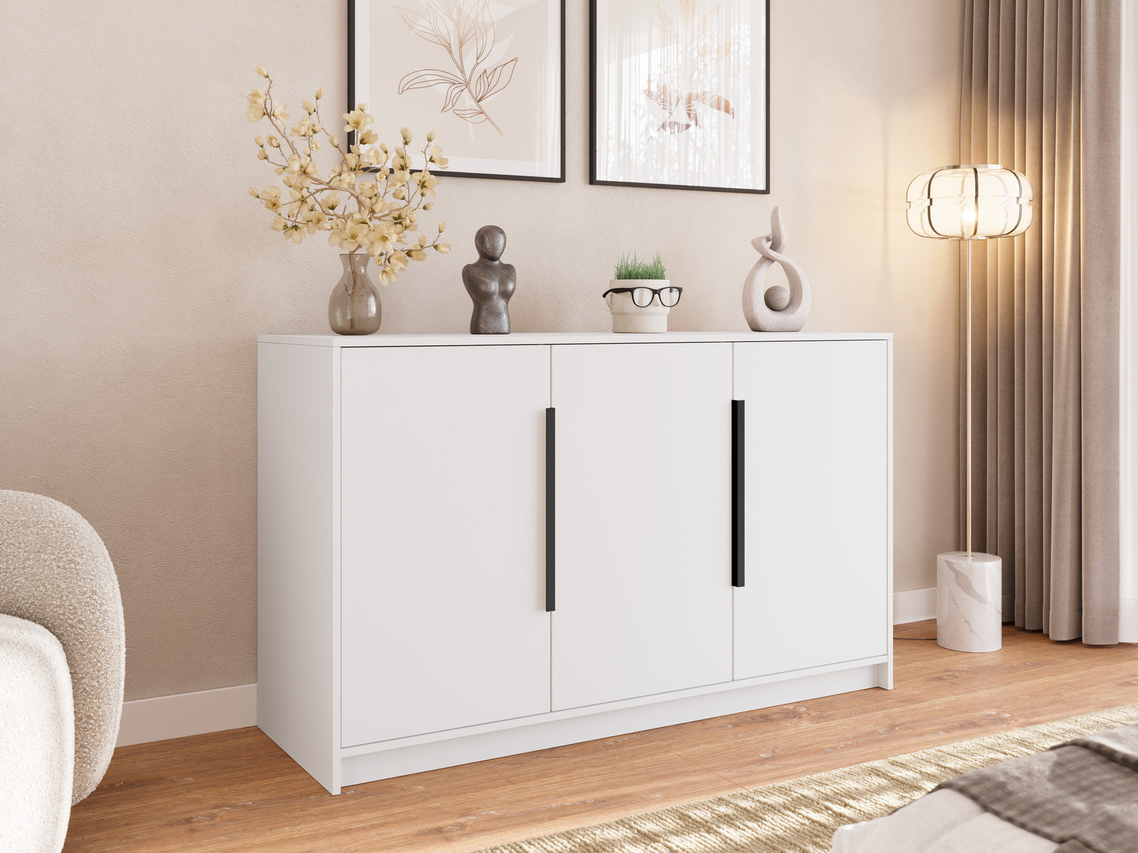 Komoda 150 cm do salonu trzydrzwiowa czarne uchwyty LESTO