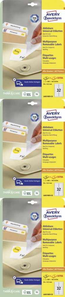 3x Etykiety samoprzylepne usuwalne Avery Zweckform, 96x16.9mm, 25 arkuszy + 5 gratis, , biały