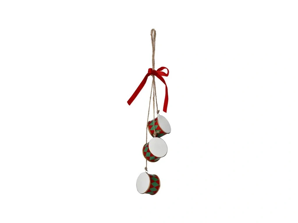 Zawieszka Bębenek metalowy czerwono-zielone 3szt, sznur jutowy 9cm