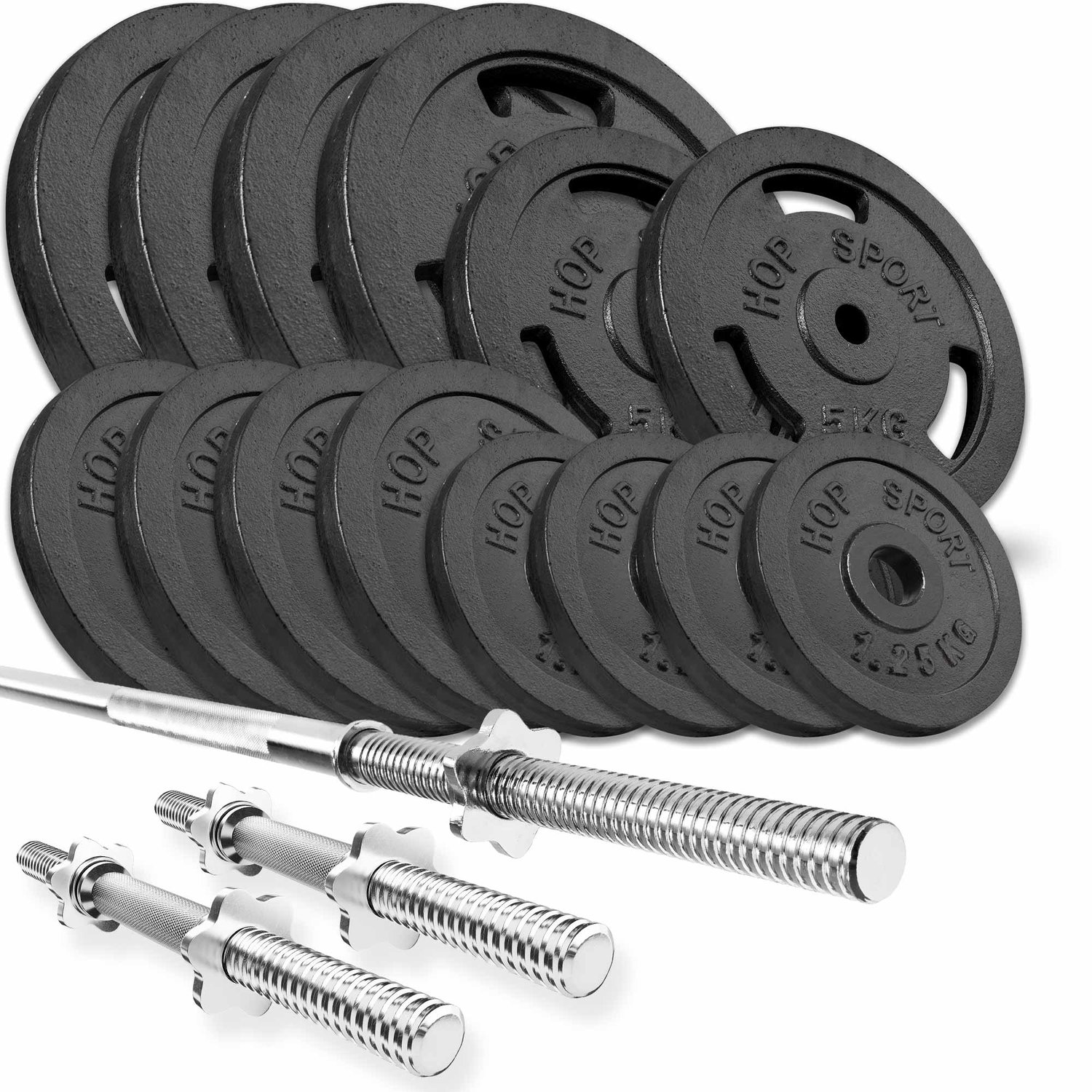 Gusseisen Hantelset 79 kg mit Langhantel und Kurzhanteln