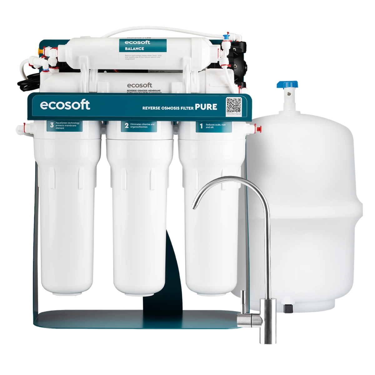 Filtr odwróconej osmozy BWT Ecosoft Pure Balance z pompą na metalowym stojaku. Polecany filtr do wody z mineralizatorem.