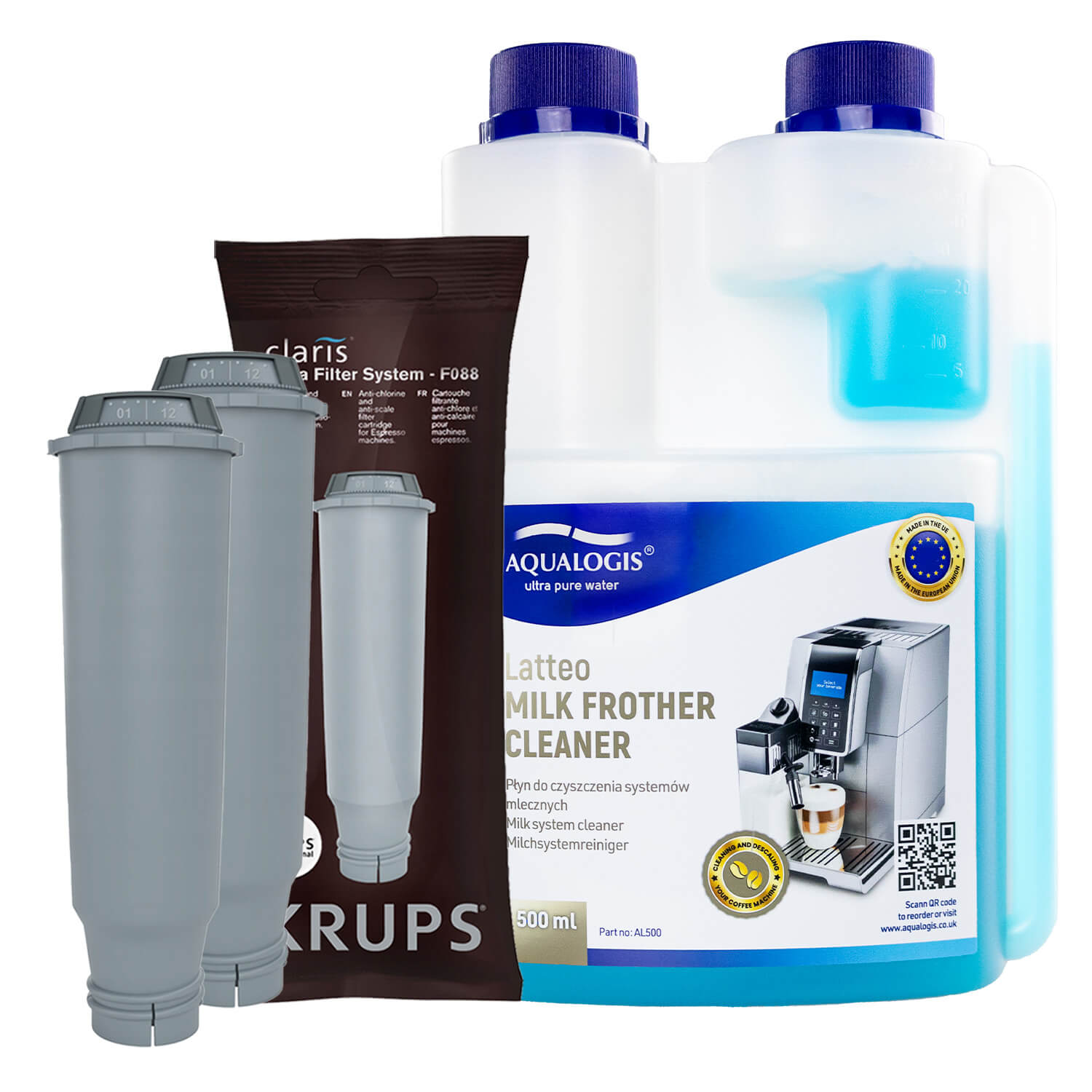 2x Filtr Wody Do Ekspresu Krups F088 + Płyn Czyszczący Latteo 500ml