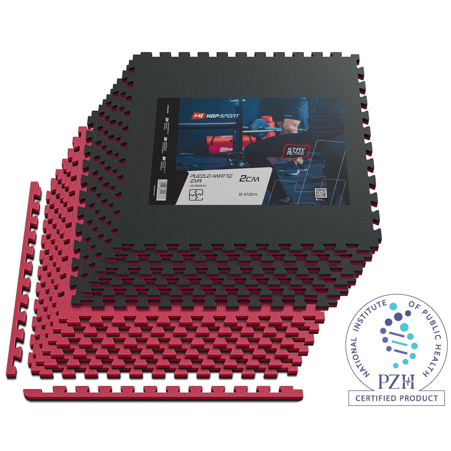 Tapis de protection fitness puzzle en mousse EVA 2 cm - 12 Pièces Noir/Rouge