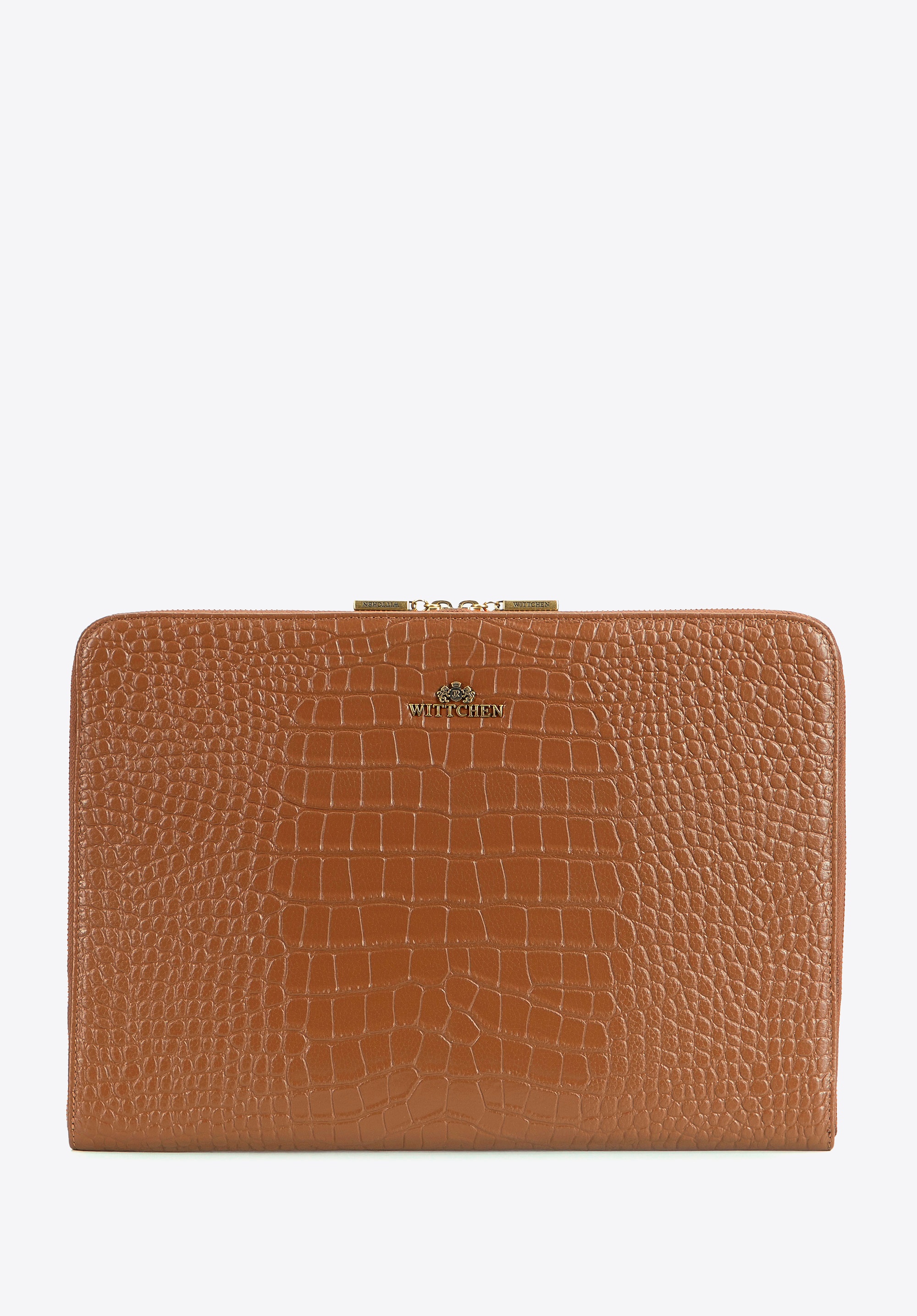 Skórzana torba na laptopa 15” z tłoczeniem croco koniak