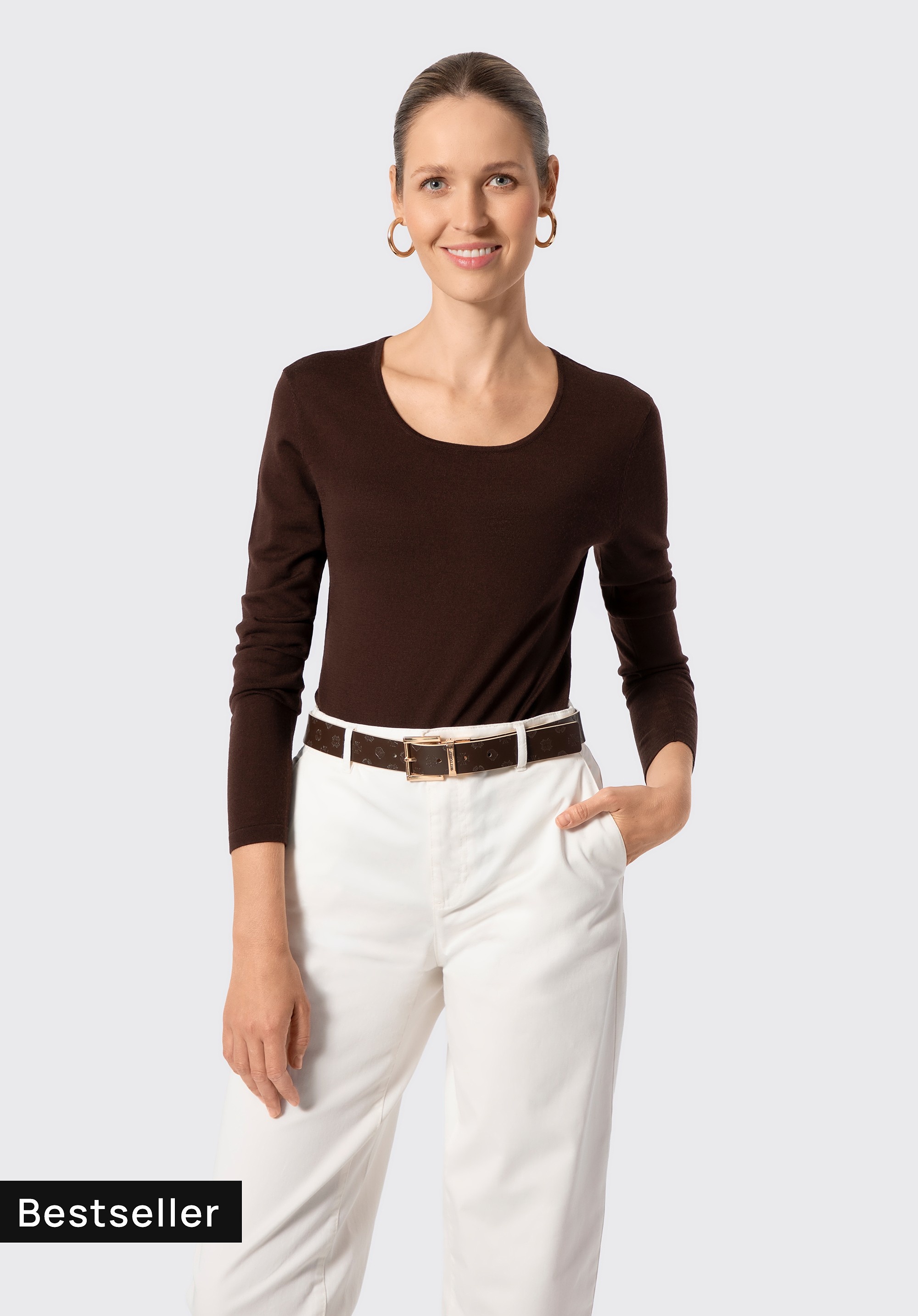 Sweter damski z wełny merino z okrągłym dekoltem ciemny brąz