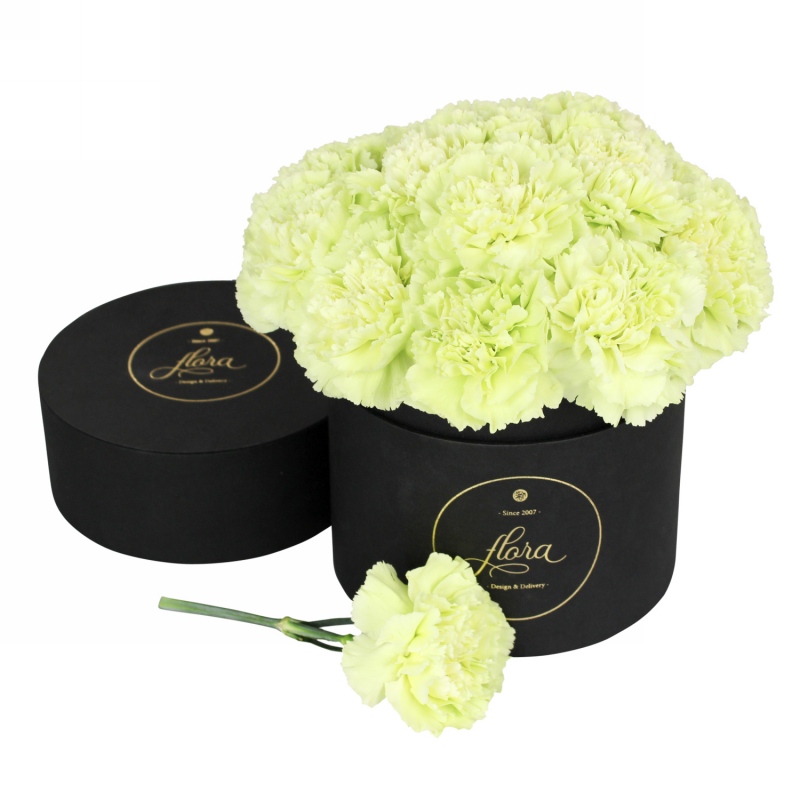 FlowerBox - pistacjowe goździki w pudełku (średni)