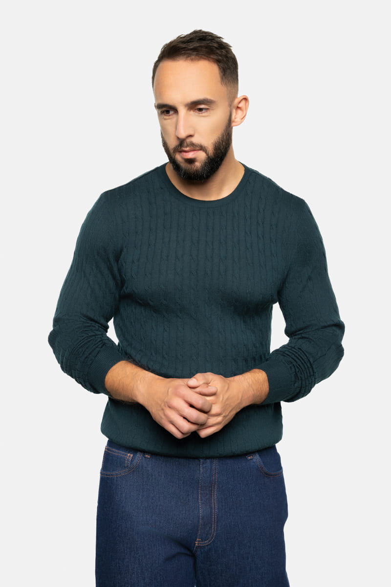 Sweter warkoczowy z wełny merino, zielony