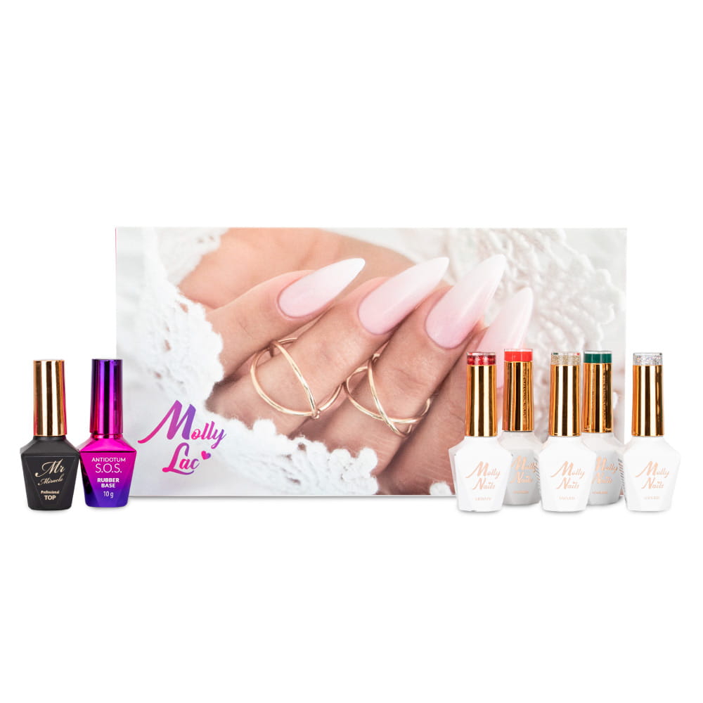 Zestaw 5 lakierów hybrydowych Christmas Molly Nails+ Baza i Top Gratis