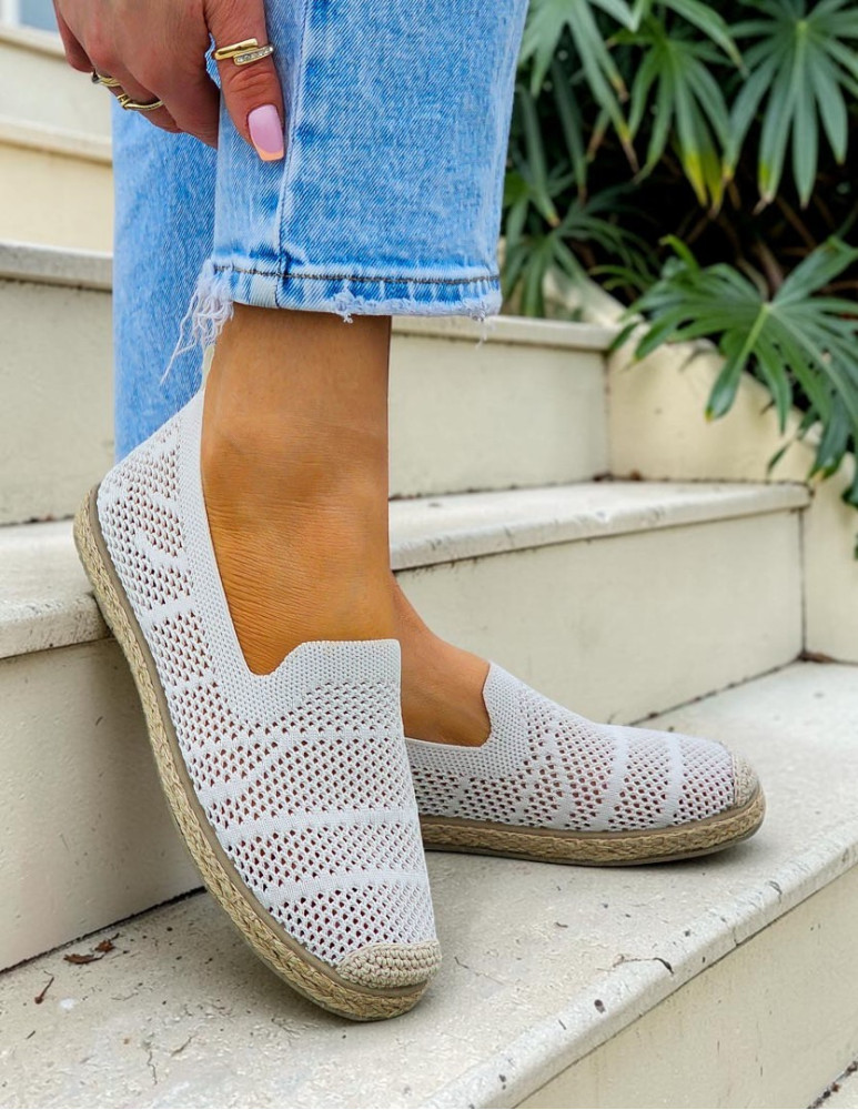 Ażurowe Espadryle Mokasyny Na Plecionej Podeszwie Beige