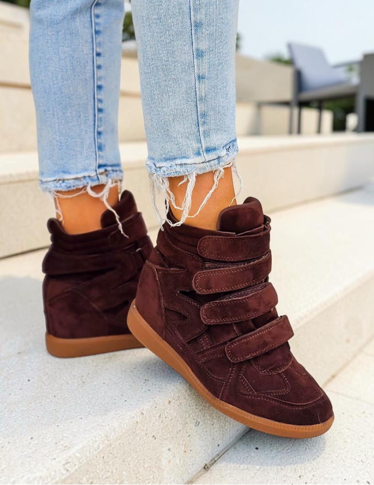 Czekoladowe Botki Damskie Sneakersy Na Koturnie