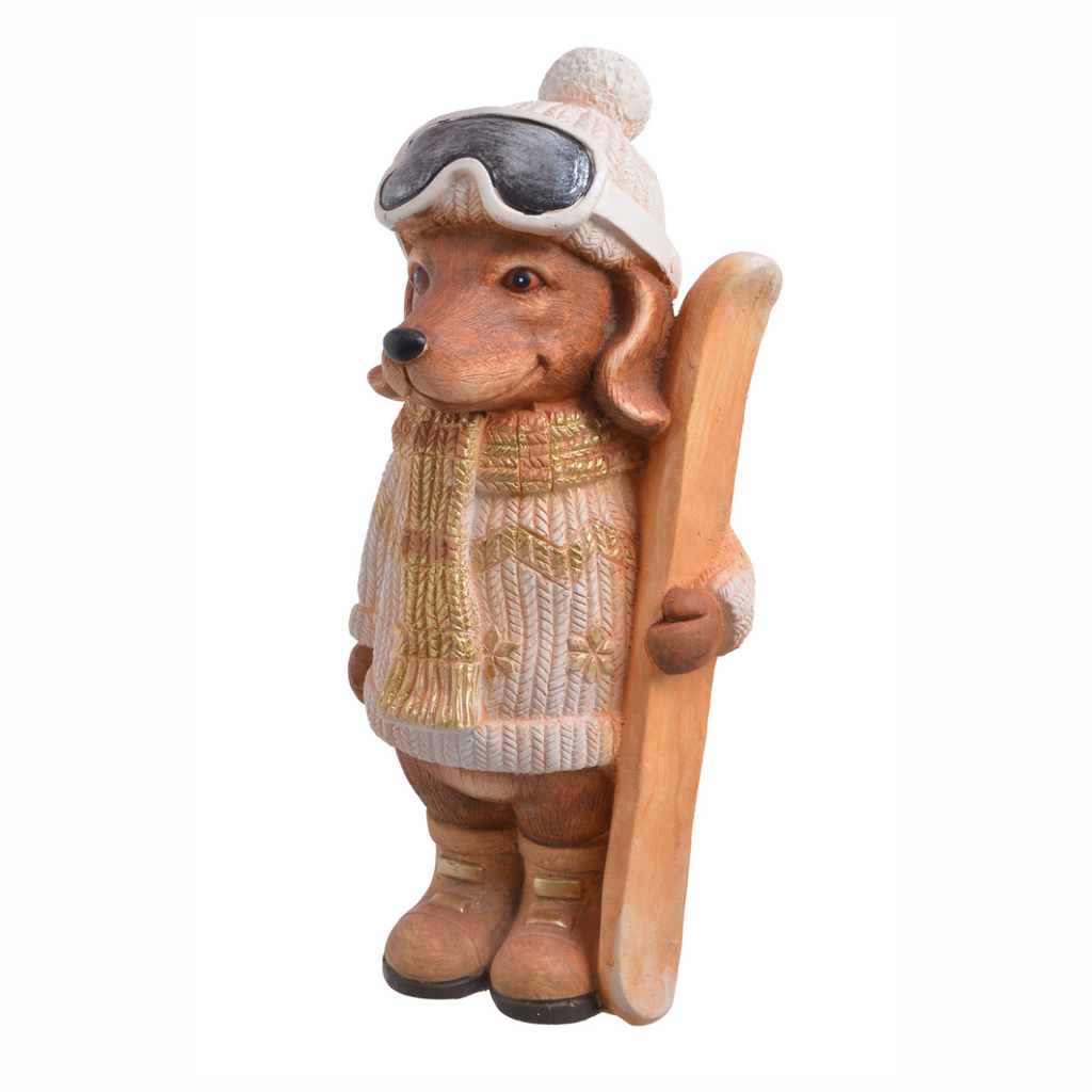 Figurka Pies brązowy ceramiczny w białym sweterku z nartami 45cm