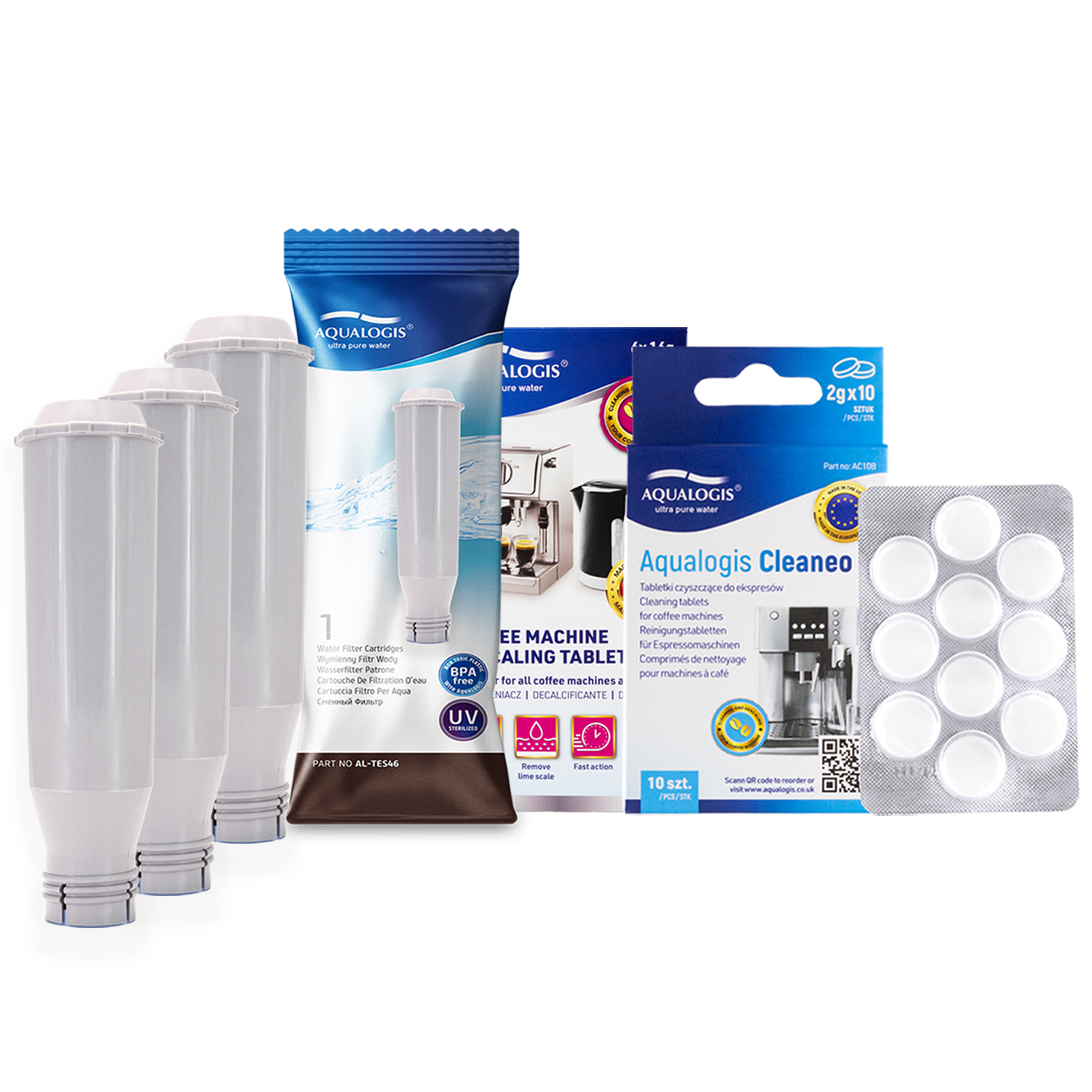 Zestaw Aqualogis AL-TES46 Filtr 3pk, Tabletki Decalc 6tab, Tabletki Cleaneo 10tab