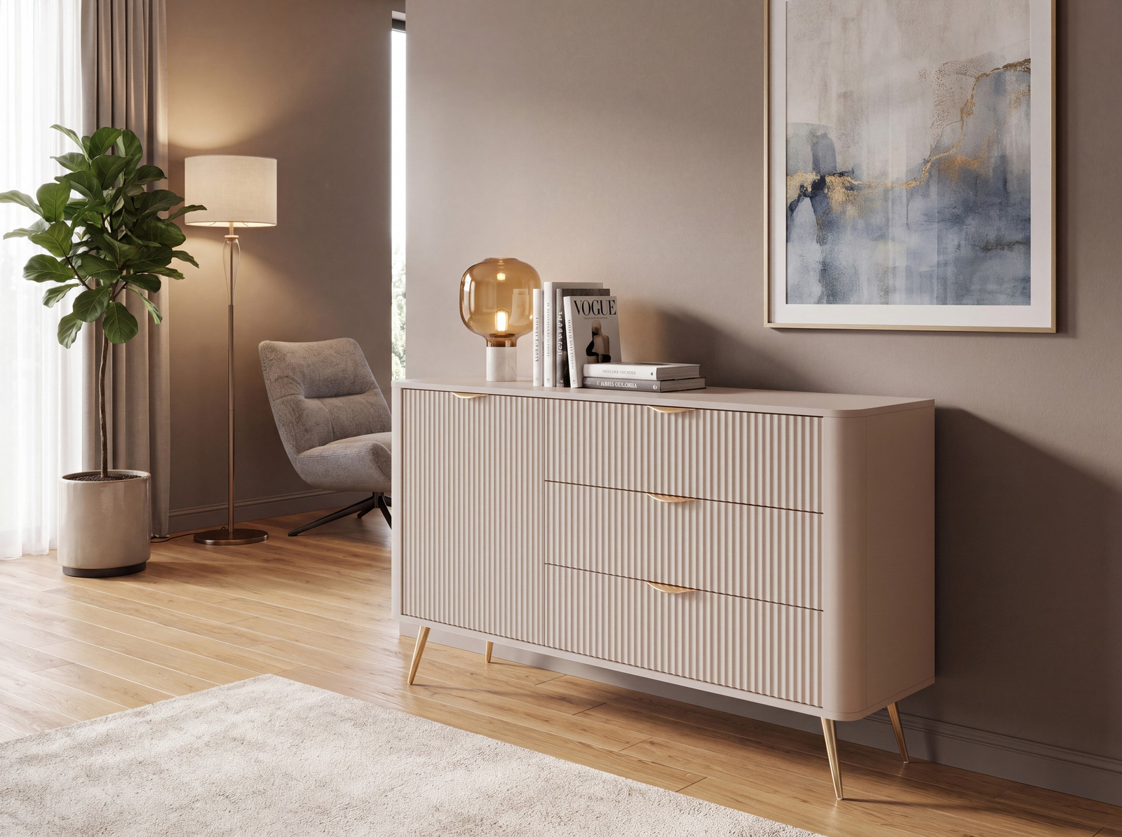 Nowoczesna komoda 138 cm do salonu z szufladami LEONTE beż